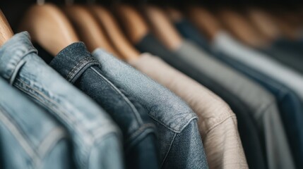 An organized array of stylish denim and casual clothing hanging on wooden hangers, offering a chic and fashionable display for a modern wardrobe collection in a contemporary setting.