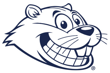 Animated cartoon beaver head grinning broadly displays its teeth in a navy blue line art