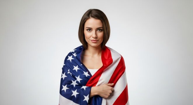 Beautiful woman embodying American spirit and liberty, with the flag draped around her. Ideal for themes of national holidays, unity, and citizenship.