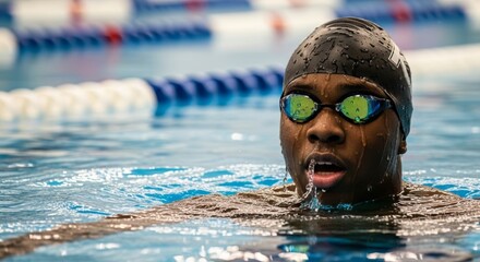 Determined Black male swimmer emerges from the pool, wearing a black cap and goggles. Captures focus, strength, and the intensity of athletic training.