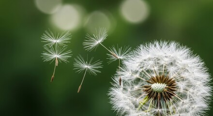 Close-up of a mature dandelion seed head with delicate seeds scattering against a soft green background, symbolizing wishes, new beginnings, and nature's cycle.