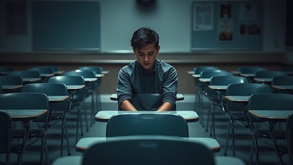 Student sitting alone in dimly lit classroom, surrounded by empty desks, conveying themes of isolation and school violence, highlighting emotional distress and vulnerability.