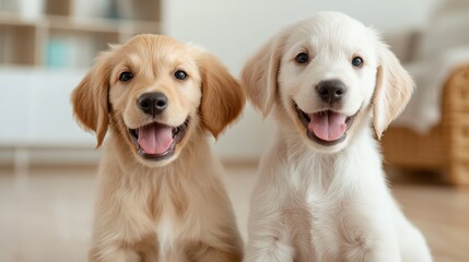 Two adorable golden retriever puppies happily pose for the camera, embodying joy, innocence, and the playful spirit of youth in a cozy indoor setting.