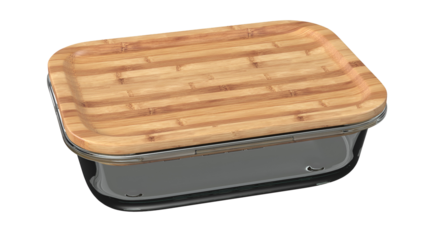 A rectangular glass food storage container with a wooden lid, ideal for preserving and organizing food items.