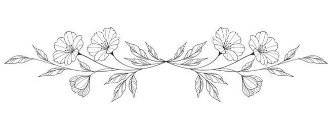flower and leaves drawing. Vector hand drawn engraved floral card. Botanical, branch and flower Black ink sketch. Great for tattoo, invitations, greeting cards, decor