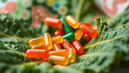 Colorful probiotic capsules scattered on fresh kale leaf with gut health concept, dietary supplement and digestive wellness for nutrition and medicine