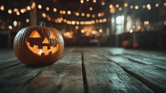 A charming Halloween pumpkin with a joyful expression, perfectly illuminated in a rustic setting adorned with warm lights, enhancing the festive spirit and autumn charm.