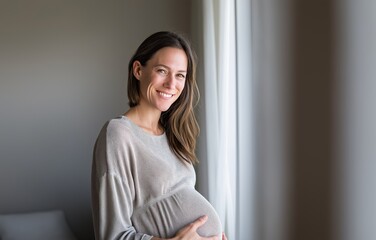 Fototapeta premium Joyful pregnant woman showcasing her belly in comfortable clothing with a radiant smile and natural light in a serene setting