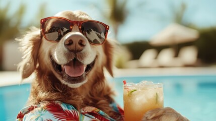 A cheerful golden retriever dog wearing sunglasses enjoys a relaxing day at the poolside, exuding an atmosphere of joy and leisure, holding a refreshing drink by its side.