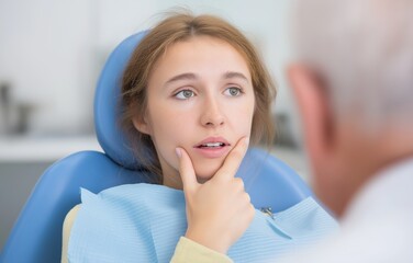 Patient consults with dentist in a modern dental clinic setting with natural lighting