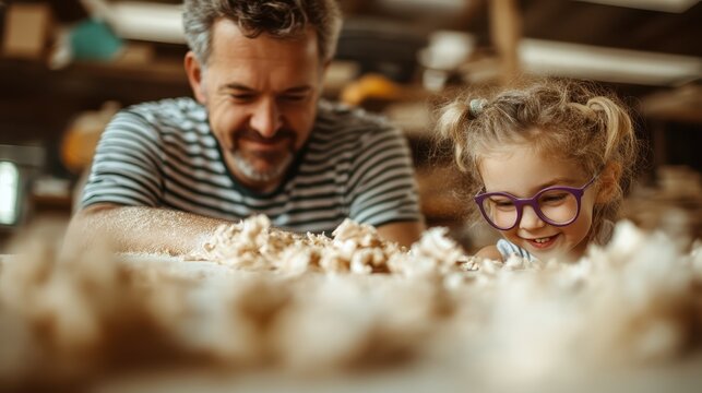 A joyful father and his young daughter engage in a woodworking project in a cozy workshop, showcasing their bond and the joy of shared creativity and learning.