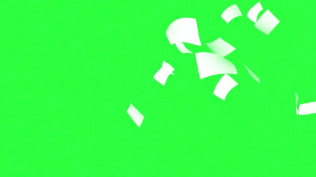 random white papers flying randomly on a green screen background with wind movement, set of a4 pages notes thrown on chroma key template, falling sheets of paper mockup