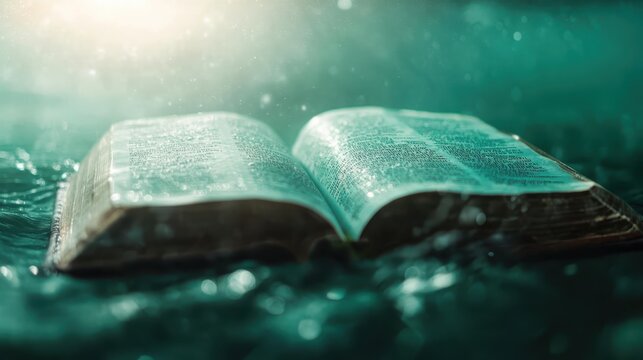 An open Bible partially submerged in shimmering water, illuminated by soft light, symbolizes spiritual depth and the search for meaning in a tranquil and contemplative setting.