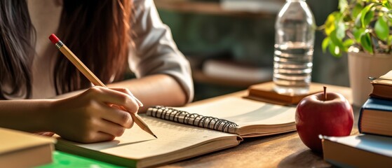 Study session with notes, books, and an apple on the desk. AI-generated.