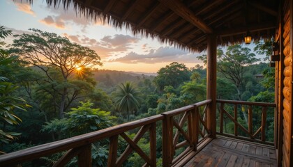 Fototapeta premium Sunrise View from the Wooden Railing on the Jungle Canopy Treehouse Balcony