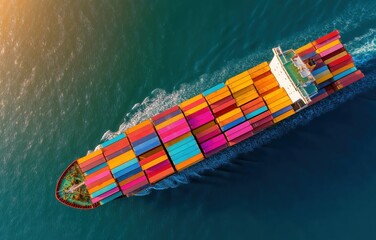 Fast cargo ship sailing the ocean, illuminated by industrial lights