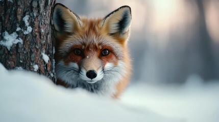 Obraz premium A curious red fox peers from behind a tree in a snowy forest, embodying the grace and beauty of wildlife in its natural habitat during the serene winter season.
