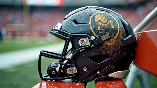 Close up of a wet and muddy American football helmet on the sideline of a field. Concept of a competitive and intense game day atmosphere.