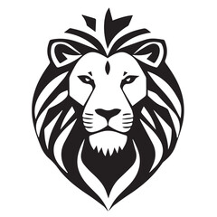 
A bold black vector illustration of a lion's head with a stylized mane and stern expression, symbolizing strength, courage, or royalty.