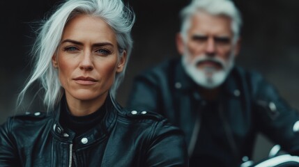 A close up of two individuals in leather jackets, one with striking silver hair and the other blurred in the background, showcasing a bold and cool vibe of motorcycle culture.
