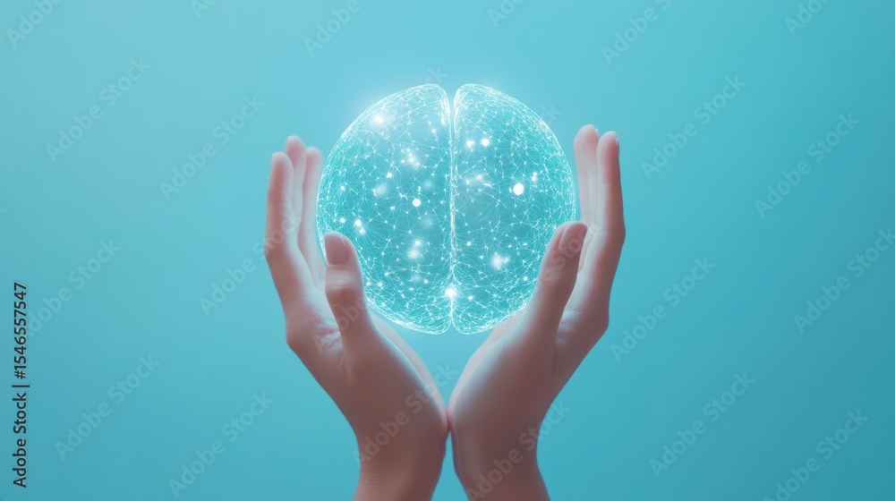 Poster two hands gently hold a glowing, digital brain representing intellect, intelligence, and knowledge.