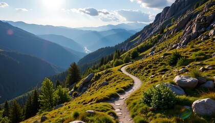 Obraz premium Scenic hiking trail through majestic mountains national park photograph serene landscape wide angle nature exploration