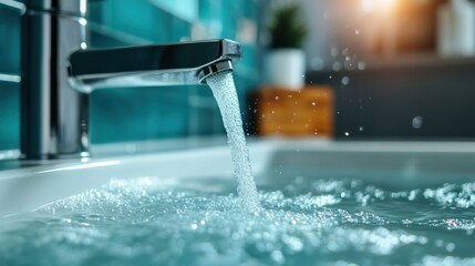 Water flows from a sleek tap into a clean sink, embodying freshness and modernity within a bright bathroom setting, emphasizing cleanliness and fluidity in design.