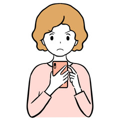 Clip art of young woman angry at smartphone.	