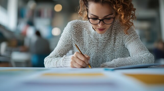 A young woman with curly hair, wearing glasses, deeply focused on her artwork while writing in a bright and vibrant work environment filled with creativity and inspiration.