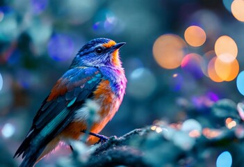 Vibrant blue bird perched on branch magical bokeh