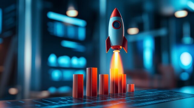 Rocket launching from bar graph, symbolizes growth and success.