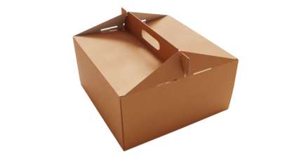 A brown cardboard takeout box with a handle, designed for carrying food items.
