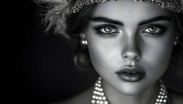 Gray-scale portrait of a woman in 1920s attire, gazing intensely. Focus on eyes and glamorous, vintage style