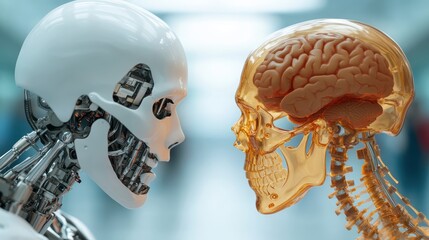 A striking representation of the contrast and connection between technology and humanity, showcasing a robotic head opposite a clear human skull, provoking thoughts on existence.