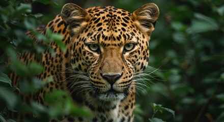 Obraz premium Captivating Leopard Portrait Staring Intensely from Lush Green Foliage Environment