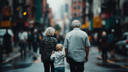 An elderly couple walks hand in hand with a child in a bustling city, capturing the essence of family, connection, and shared moments amidst urban life.