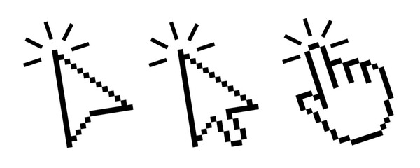 Naklejka na ściany i meble Pixel cursor pointer icons set. Computer mouse click arrow and hand. Pixel hand arrow logo vector isolated