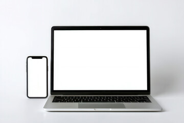 Fototapeta premium Blank screen mockup of a laptop and smartphone on a white background showcasing modern technology and clean design aesthetics