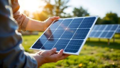 Harnessing solar energy innovative solar panel installation in a vibrant green field with natural sunlight showcasing sustainable technology in action