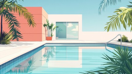 Fototapeta premium Modern house with pool and palm trees.