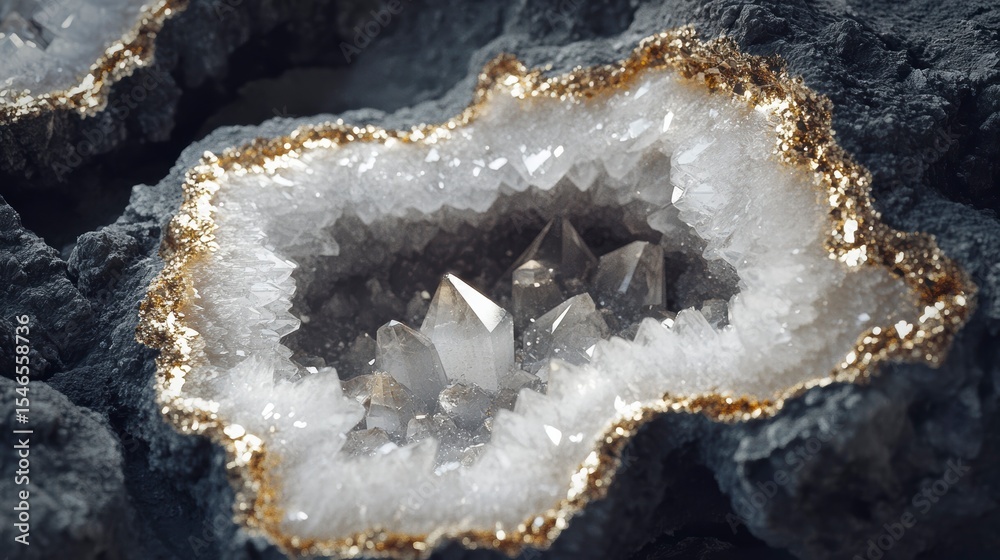 Poster close-up of a geode with quartz crystals inside, showcasing its intricate details and golden rim.