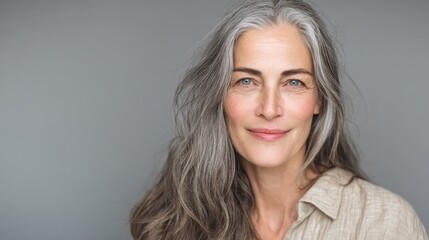 Portrait of a confident mature woman with long gray hair and soft natural lighting, smiling calmly against a plain background, ideal for senior lifestyle ads, wellness branding and beauty campaigns
