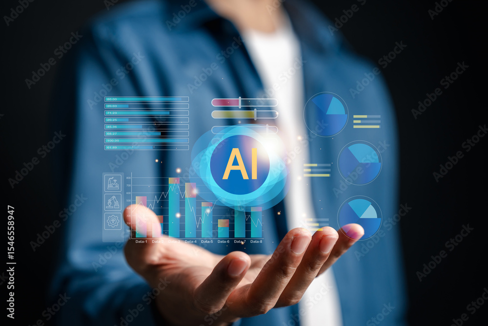 Poster AI system analyzing data through cloud dashboards and charts. Showcasing predictive analytics, statistics, and smart processing technology for digital business optimization.