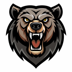 Cartoon grizzly bear head with yellow eyes growls isolated on white