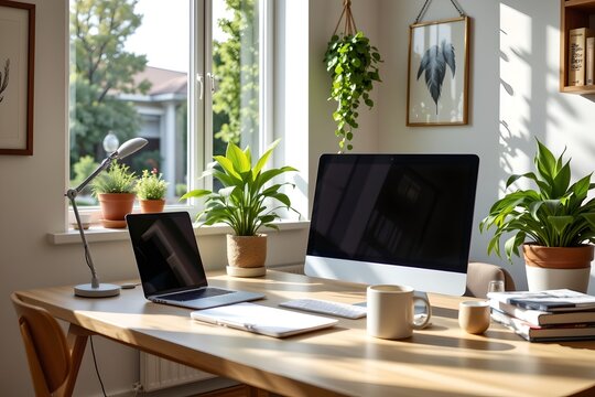 Home office setup modern workspace digital technology indoor environment bright natural light productivity concept - Powered by Adobe