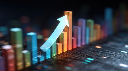 Futuristic bar graph made of translucent 3D blocks with glowing upward arrow on digital matrix background perfect for fintech presentations, big data visuals and growth analytics