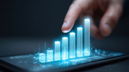 Futuristic glowing bar chart rising from smartphone screen in dark ambient setting symbolizing digital growth, financial success and modern data tracking