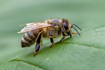 lateral macro of a honeybee at eye level with green background