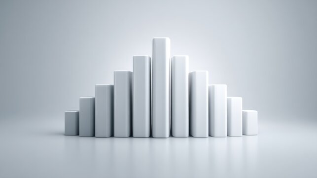 Minimal 3D bar chart with symmetrical ascending and descending blocks on clean background perfect for neutral business visuals, balanced analytics and financial trend presentations