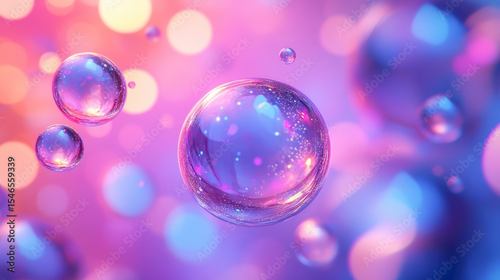 Poster abstract iridescent spheres floating in a vibrant pink and blue bokeh background.